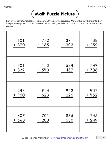 Addition Puzzle Picture: Valentine\'s Day<br>(3-Digit Plus 3-Digit)