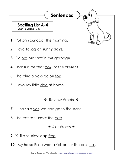 Spelling Test Sentences (A-4)