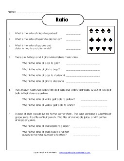 Clubs and Spades Ratios 6th Grade Math Worksheet