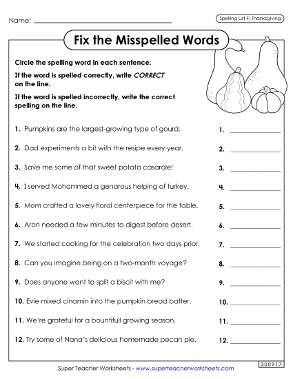 Correct or Incorrect? (Thanksgiving) Spelling F Worksheet