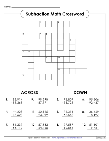 5-Digit Subtraction Crossword