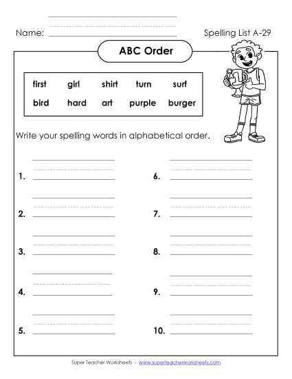 ABC Order: Write List (A-29)