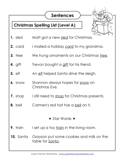 Spelling Test Sentences (A-Christmas)  Spelling A Worksheet