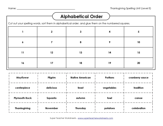 ABC Order: Cut & Glue Spelling E Worksheet