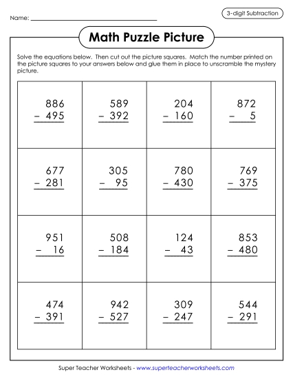 3-Digit Subtraction: Match Puzzle Picture (Santa) Christmas Worksheet