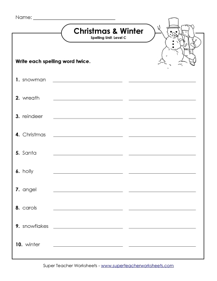 Write Twice (C-Christmas)  Spelling C Worksheet