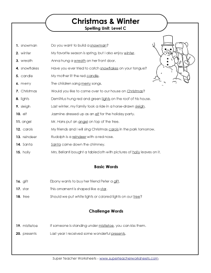 Spelling Test Sentences (C-Christmas)  Spelling C Worksheet