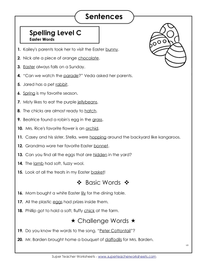 Spelling Test Sentences (C-Easter) 