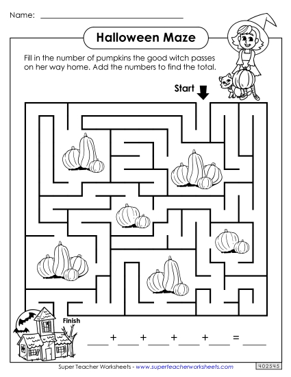 Addition Maze (Intermediate) Halloween Worksheet