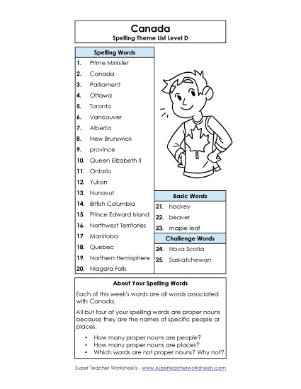 Spelling Word List (D-Canada Words) 