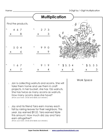 Multiply 3-Digits by 1-Digit Fall Worksheet