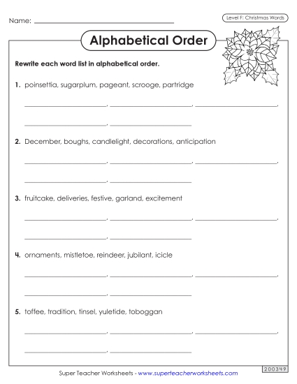Alphabetical Order Worksheet (Christmas) Spelling F Worksheet
