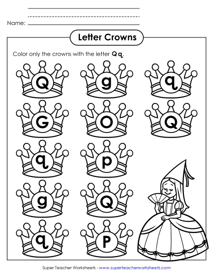 Letter Q q Recognition - Queen & Crowns (Curly Q)