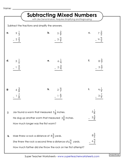 Mixed Number Subtraction Practice<br>(with Simplifying and Regrouping)