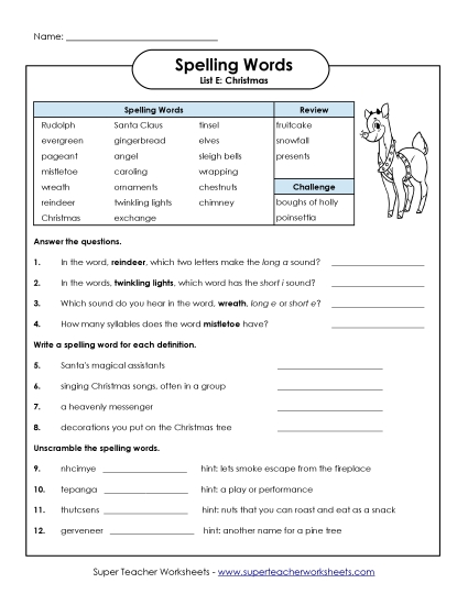 Christmas Questions Worksheet Spelling E Worksheet