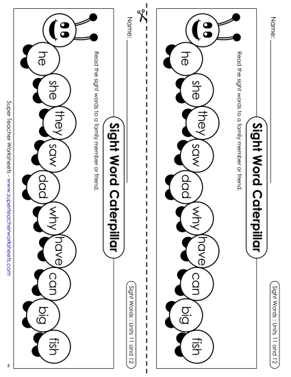 Sight Word Caterpillar:<br>Units 11 and 12