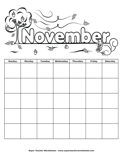 November Calendar (Squirrel) Calendars Worksheet