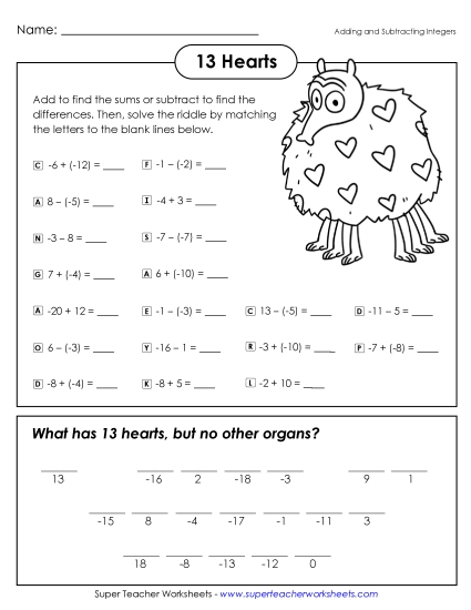 Math Riddle: 13 Hearts<br>(Add & Subtract Integers)