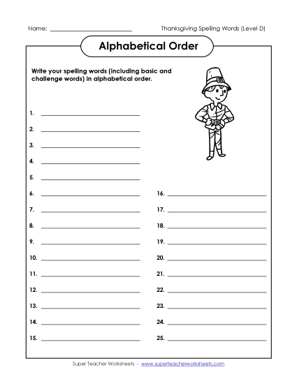 ABC Order: Write List (D-Thanksgiving) Spelling D Worksheet
