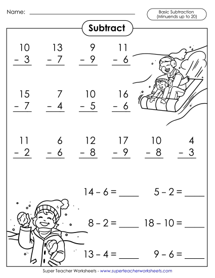Basic Subtraction Facts (Minuends 20 and Less): Winter Fun