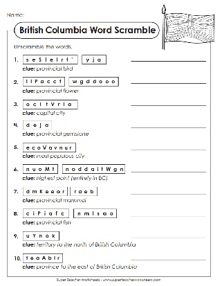 British Columbia Puzzles & Worksheets