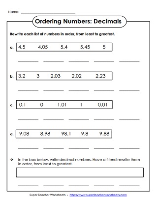 Ordering Decimals Printable