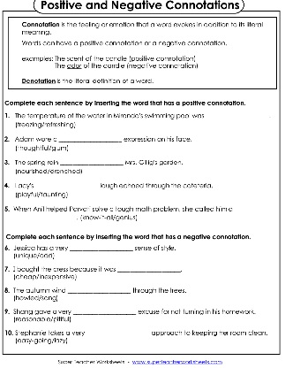 Difference Between Positive and Negative Connotation Worksheets