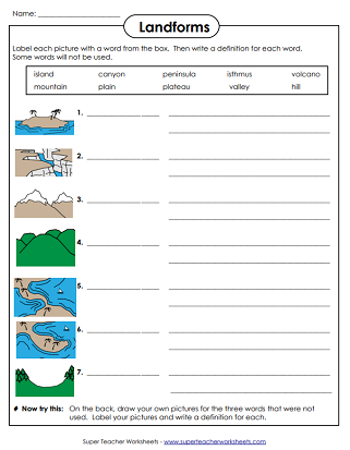 Landforms Worksheets - Definitions
