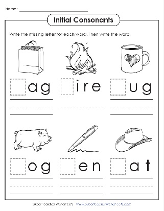 Phonics Beginning Consonant Words Hog, Fire, Bag, Fill in the Missing Letters Worksheet Phonics Beginning Consonant Words Hog, Fire, Bag, Fill in the Missing Letters Worksheet