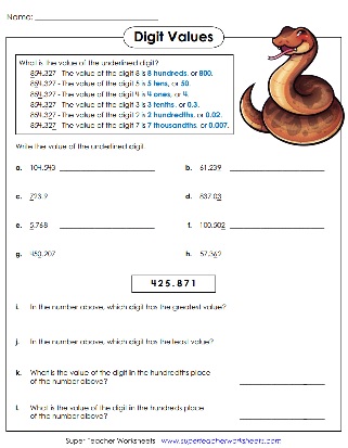 Decimal Place Value Worksheets
