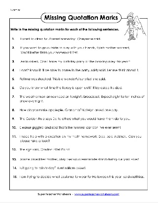 Add the Missing Quotation Marks in Sentences Worksheet
