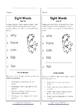Sight Words Take Home List