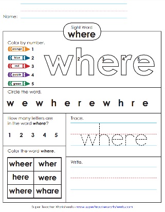 Color Trace & Write Sight Word PDF: Where