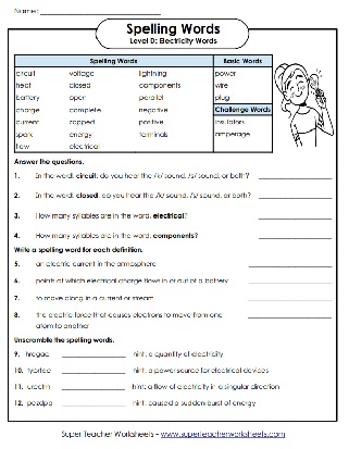 4th Grade Spelling - Electricity Words