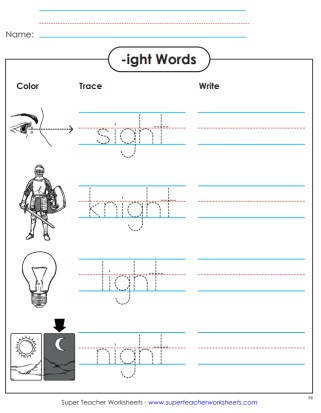 Trace & Write Word Family -ight Worksheet